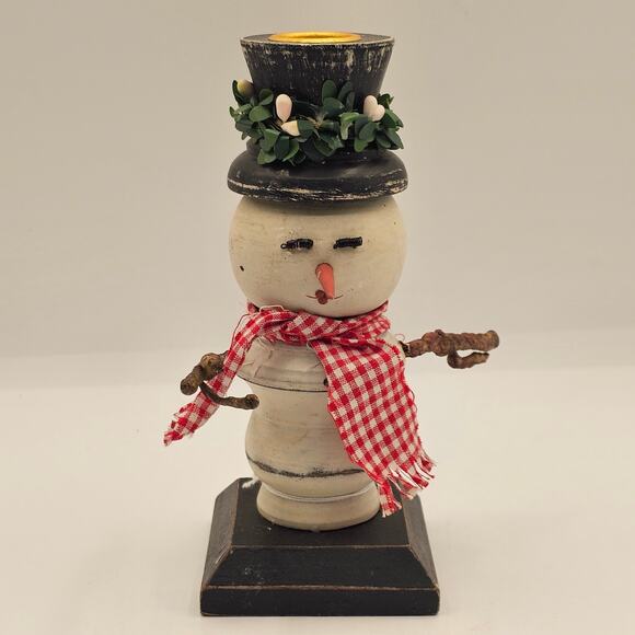 Primitive Snowman Candle Holder Handcrafted Folk Art Christmas Decor Black Hat - Picture 8 of 8